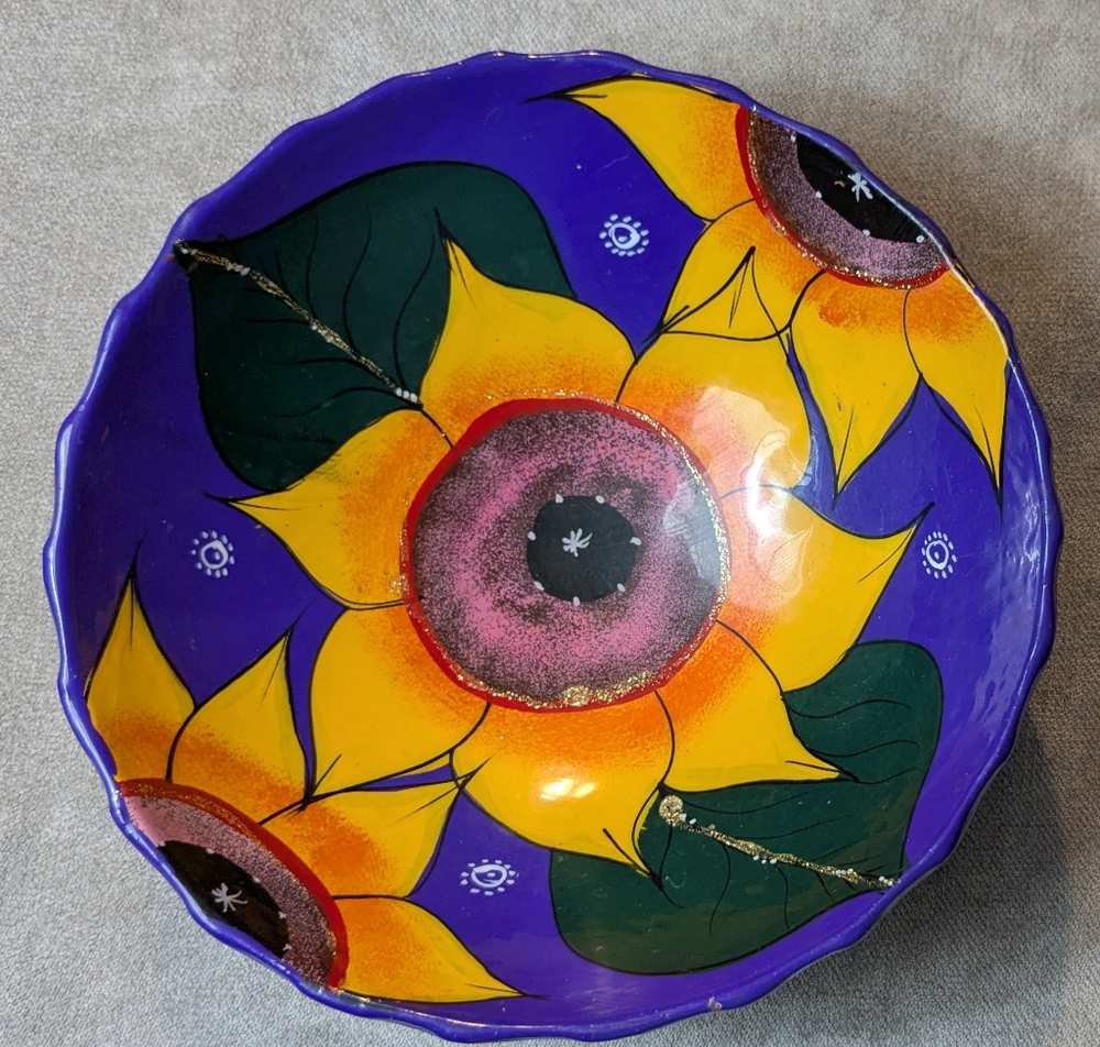 Mexican Footed Earthenware Pottery Art Bowl Colorful Sunflower Purple 7.5"